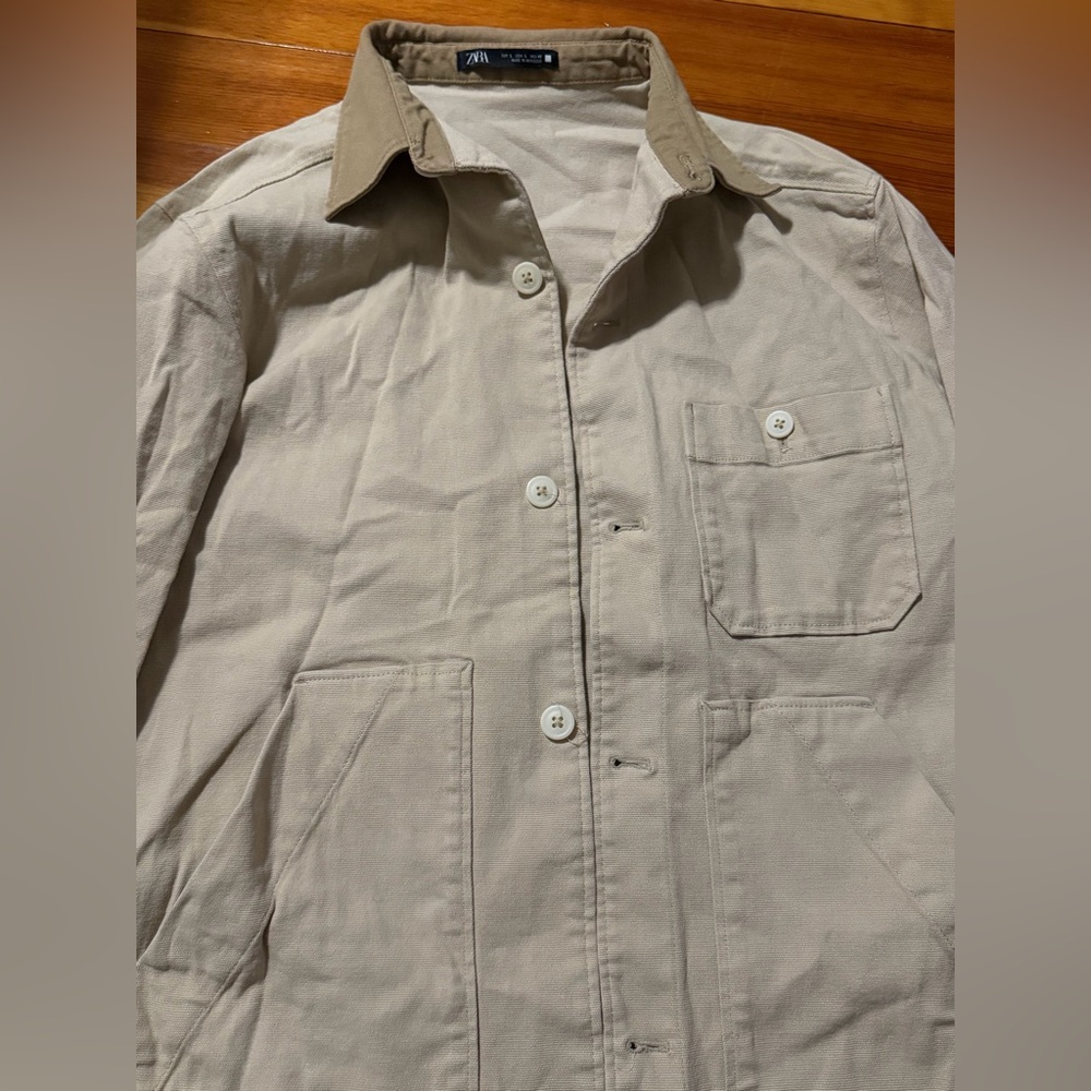 Zara Men's Light Beige Shirt Jacket with Brown Collar
